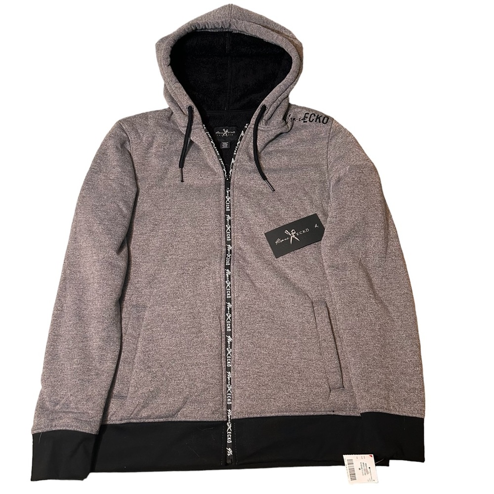 [NWT] ECKO Sherpa hooded Sherpa Zip up Jacket. Grey and Black. M. NEW WITH TAGS